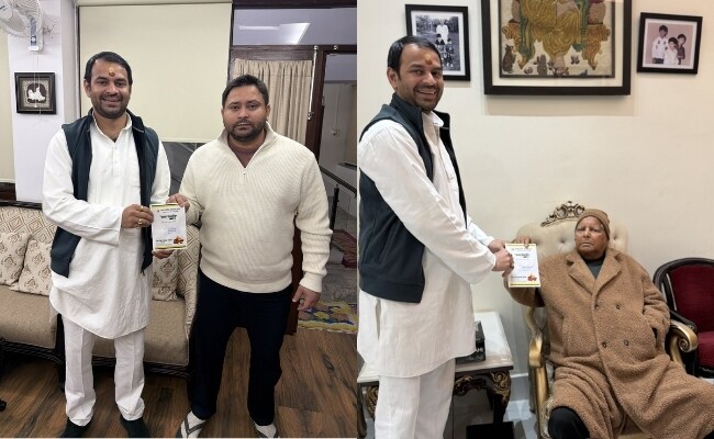 Tej Pratap Yadav Meets Lalu, Tejashwi, Invites Them For Dahi&Chura Feast