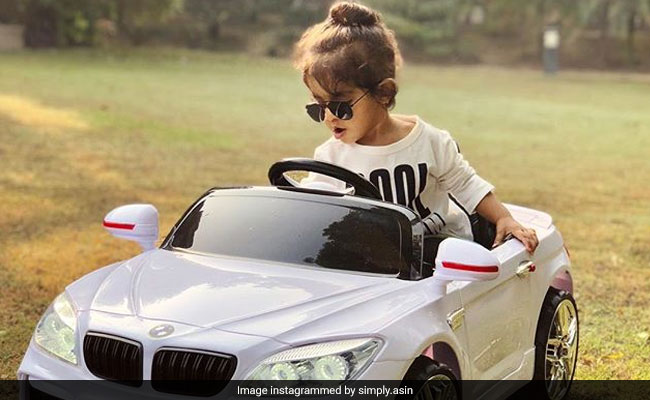 In Pics: Asin's Daughter Enjoys Joyride In Her Toy Car, A Gift From '<I>Maasi</I>' Raveena Tandon