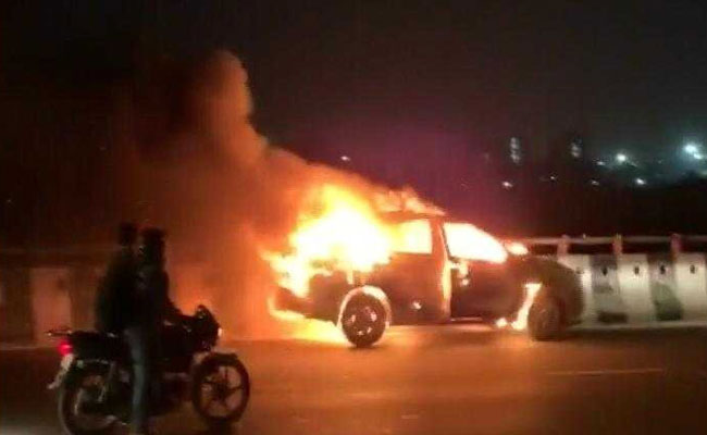 Dramatic Video Shows Burning Car Moving On Gurgaon Flyover