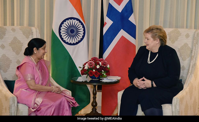 Sushma Swaraj Meets Norwegian Prime Minister Erna Solberg