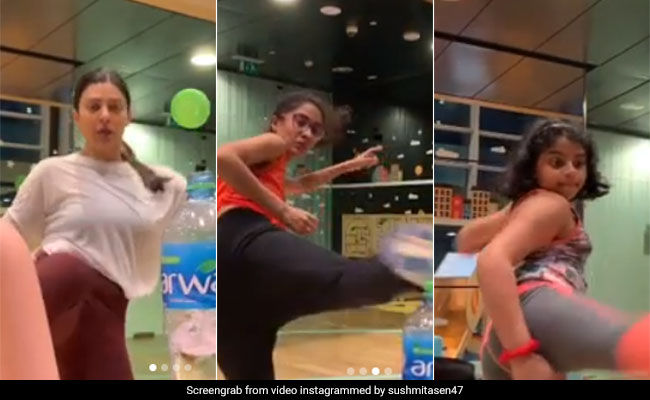 'Why Should Boys Have All The Fun?': Sushmita Sen Nails Bottle Cap Challenge With Daughters Alisah, Renee But Not Without Rohman Shawl