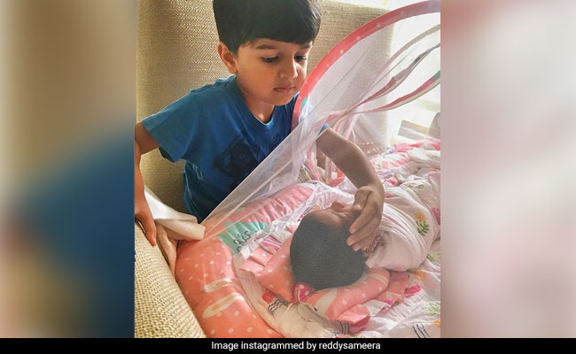 Sameera Reddy's Son Hans Is 'Fascinated' With His Little Sister. See Pic