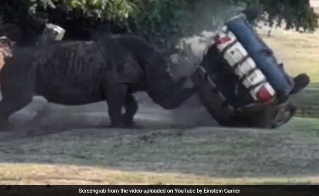 On Camera: Angry Rhino Attacks Car, Flips It Over Three Times