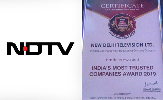 NDTV Wins "India's Most Trusted News Broadcaster 2019 Award"