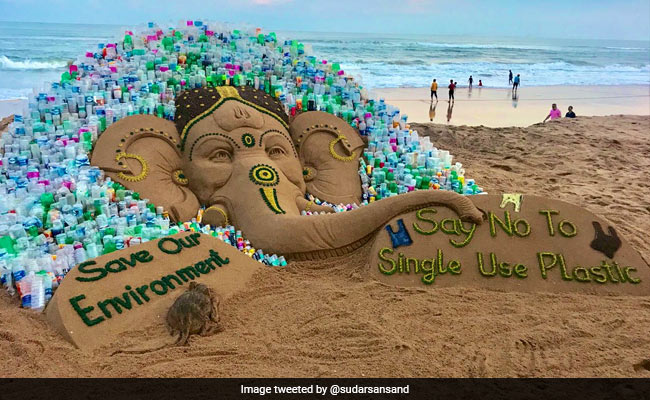 Odisha Artist Sudarsan Pattnaik Creates Sand Ganesha With 1,000 Plastic Bottles