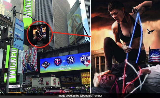 Billboard Shows Woman Hog-Tying Trump, His Son Slams Media