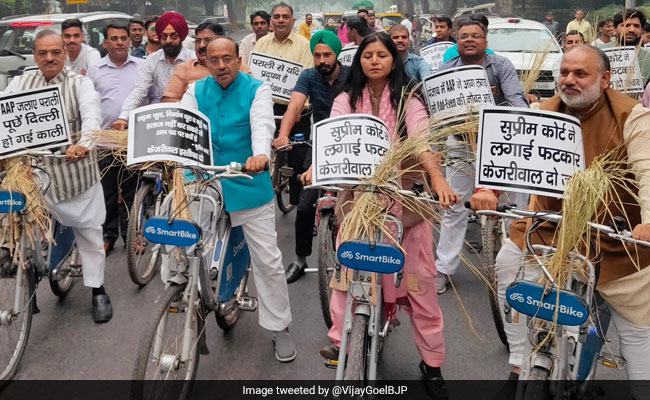 BJP Leaders Carry Crop Residue On Cycles In Protest Against Stubble Burning