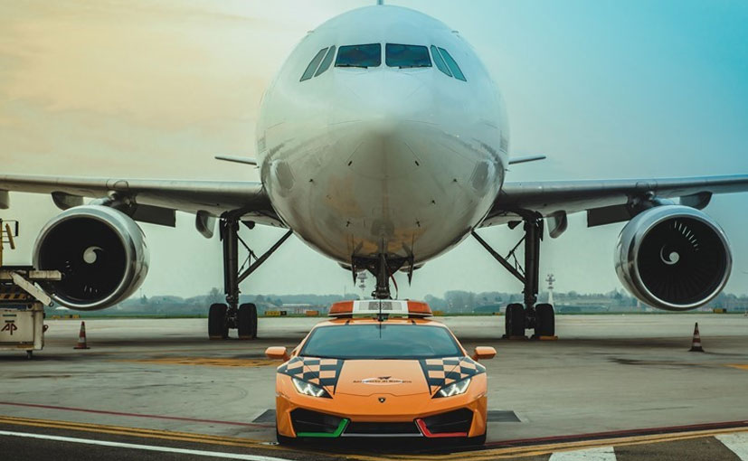 A Lamborghini Huracan RWD Escorts Aircrafts To Their Parking Bay In Bologna