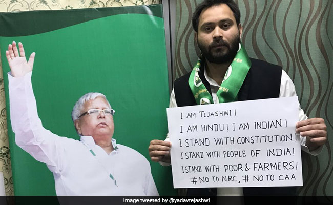 "I'm Hindu, I'm Indian": Tejashwi Yadav's Poster Before Joining Citizenship Act Protest