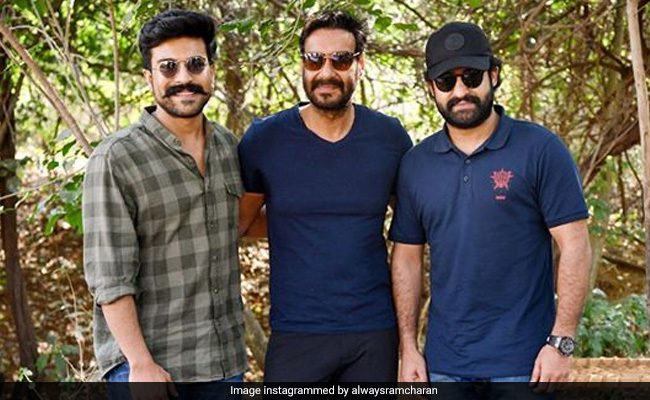 <i>RRR</I>: Ajay Devgn, Ram Charan And Jr NTR In A Blockbuster Pic From The Sets Of The Film