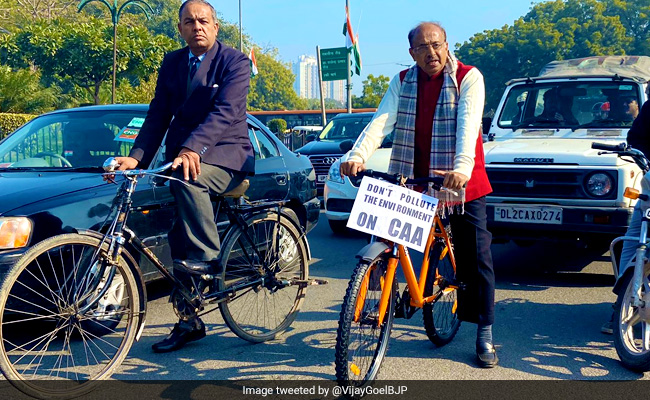 Vijay Goel Cycles To Parliament With Placard On Citizenship Amendment Act