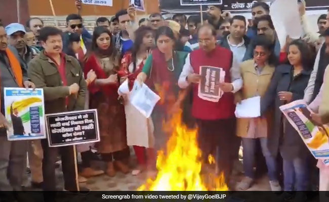 "Bundle Of Lies": BJP Leaders Burn Copies Of AAP Manifesto In Delhi