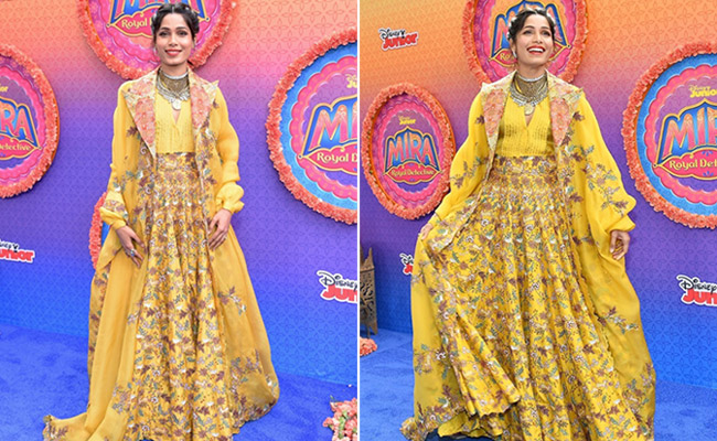 Freida Pinto Signals Summer Is Here In A Chic Yellow Ethnic Suit