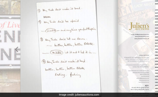 Paul McCartney's Handwritten Lyrics To "Hey Jude" Sell For $910,000