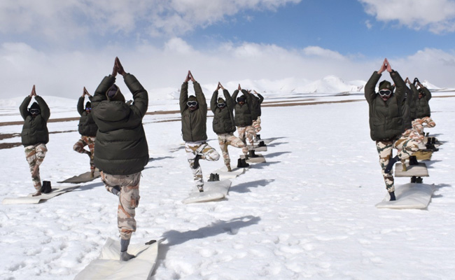 Indo-Tibetan Border Police Personnel Perform Yoga In Sub-Zero Temperature