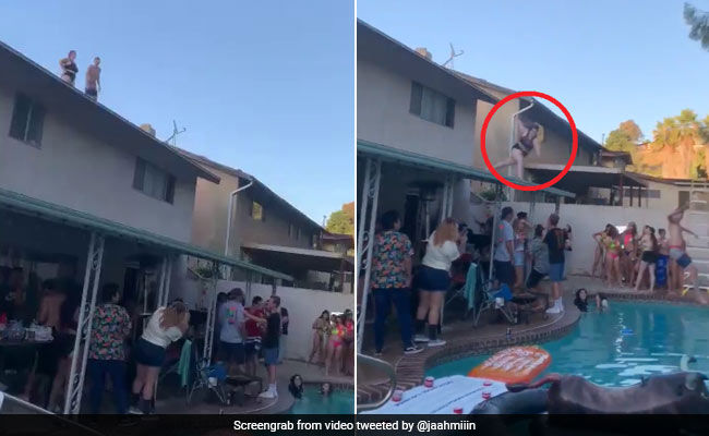 On Camera, Woman's Attempt To Jump Into Pool From Roof Goes Horribly Wrong