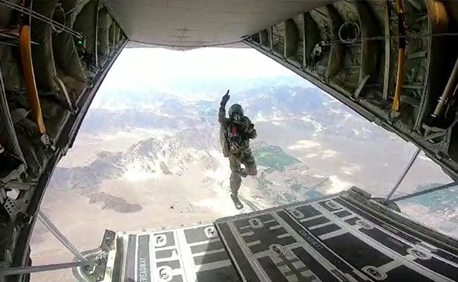 Watch: Indian Paratroopers Jump Out Of Super Hercules Plane Over Ladakh