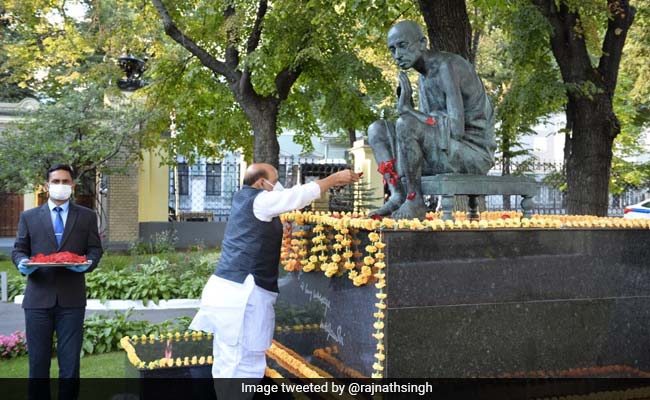 Defence Minister Rajnath Singh Pays Tributes To Mahatma Gandhi In Moscow