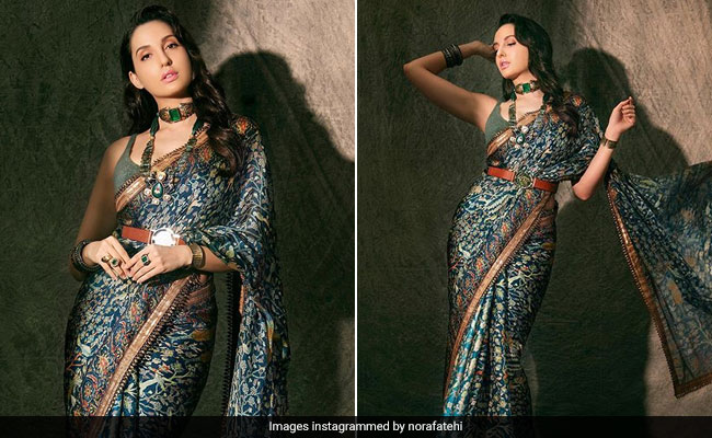 In A Printed Saree, Nora Fatehi Is Giving Us Some Serious Boho Chic Vibes