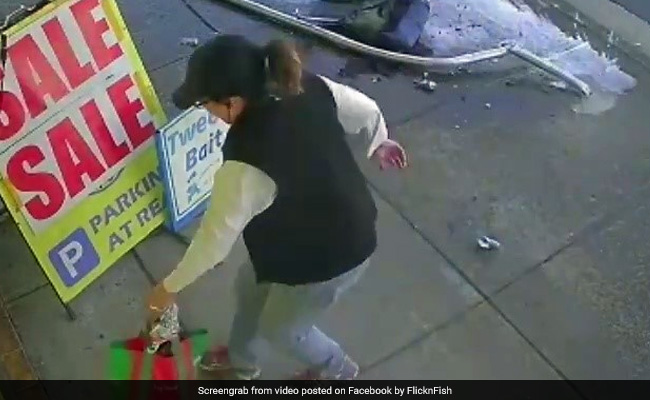 Caught On Camera: Woman's Close Shave With Car That Ploughed Into Bus Stop
