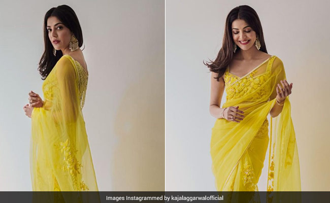 New Bride Kajal Aggarwal Glows In A Beautiful Yellow Embroidered <i>Saree</i>