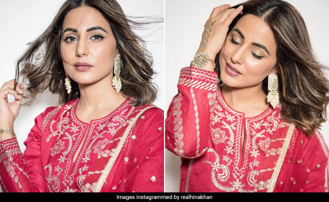 Hina Khan Keeps Her Festive Style Shining In A Red And Gold <i>Salwar Kameez</i> Suit
