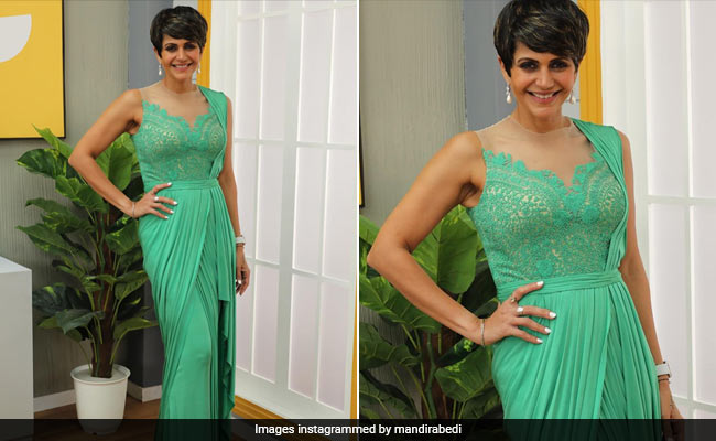 Mandira Bedi Has Us "Sea-Ing Green" As She Glams Up In A <i>Saree</i> Gown