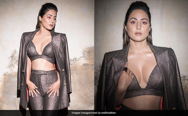 Hina Khan Sparkles Like A Diva In A Glittering Bralette Pantsuit And Bright Eye Makeup