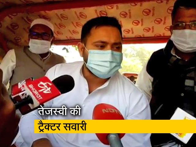 किसान आंदोलन का समर्थन, ट्रैक्टर चलाकर विधानसभा पहुंचे तेजस्वी यादव