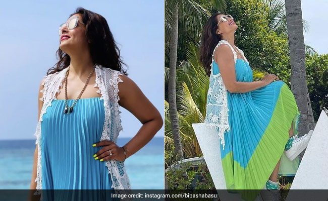 Bipasha Basu Brightens Up The Maldivian Seascape In A Colourblock Dress