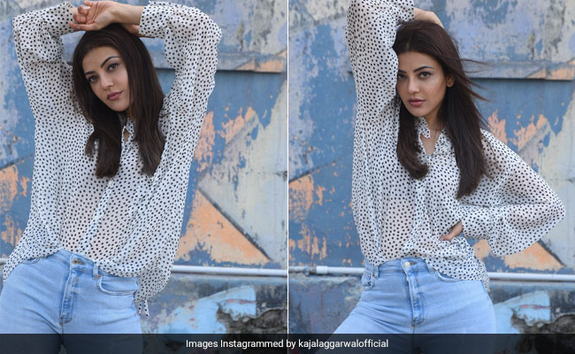How Kajal Aggarwal Dressed Up Blue Jeans With A Pretty Polka Dotted Shirt