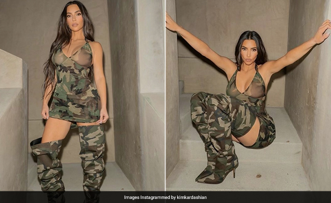 Kim Kardashian Is Making Camouflage Cool Again In A Printed Mini Dress And Boots