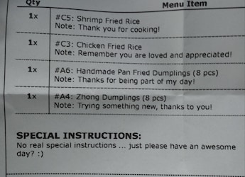 Restaurant Employee Surprised To See Sweet Notes With Online Delivery Order Restaurant Employee Surprised To See Sweet Notes With Online Delivery Order