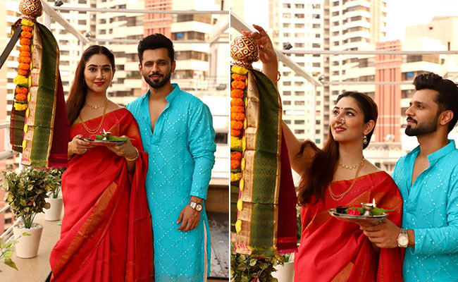 With Rahul Vaidya By Her Side, Disha Parmar Celebrates Gudi Padwa 2021 In A Stunning Red <i> Saree</i>