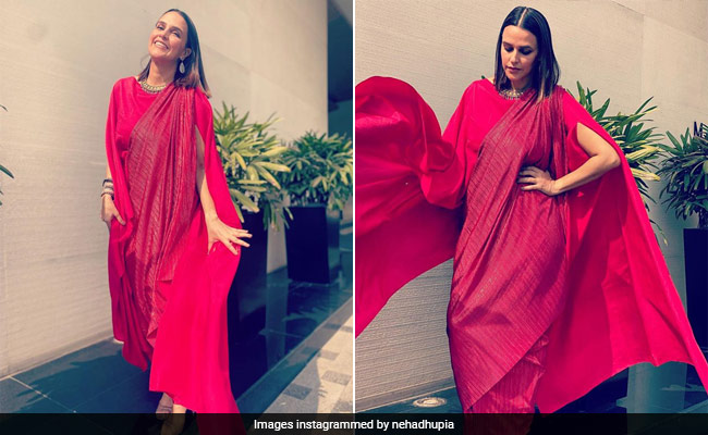 Some Like It Red, Like Neha Dhupia In A Chic Contemporary Saree