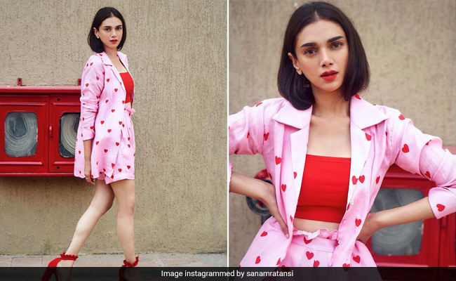 We're All Hearts For Aditi Rao Hydari's Pink And Red Heart Printed Co-Ord Set