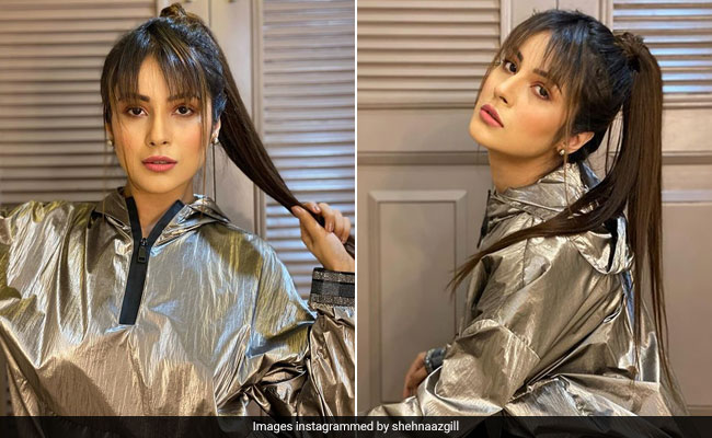 Shehnaaz Gill Brings Back The Metallic Trend In A Chic Silver Hoodie