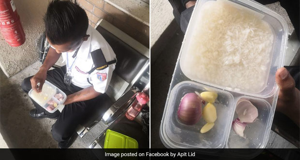 प्याज, लहसुन के साथ चावल खाते हुए सिक्योरिटी गार्ड की फोटो देख पसीजा लोगों का दिल, बोले- ‘परिवार की खातिर’