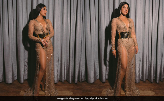 Priyanka Chopra Is Pure Gold In A Shimmering Gown With A Plunging Neckline
