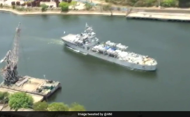 INS Airavat Reaches Visakhapatnam From Singapore With Covid Medical Aid