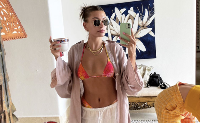 Hailey Bieber In A Multicoloured String Bikini Is Brighter Than Any Summer Day