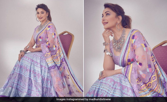Madhuri Dixit Continues Her Stylish Ethnic Streak In A Glorious Lavender Embroidered <i>Lehenga</i>
