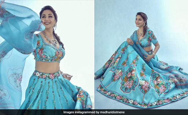 Madhuri Dixit Dulls Even "The Blue Skies And High Tides" With Her Chic Blue <i>Lehenga</i>