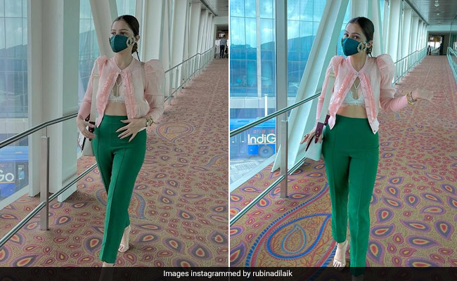 Rubina Dilaik Makes The Airport Her Runway In Chic Green Trousers And A Lace Bralette