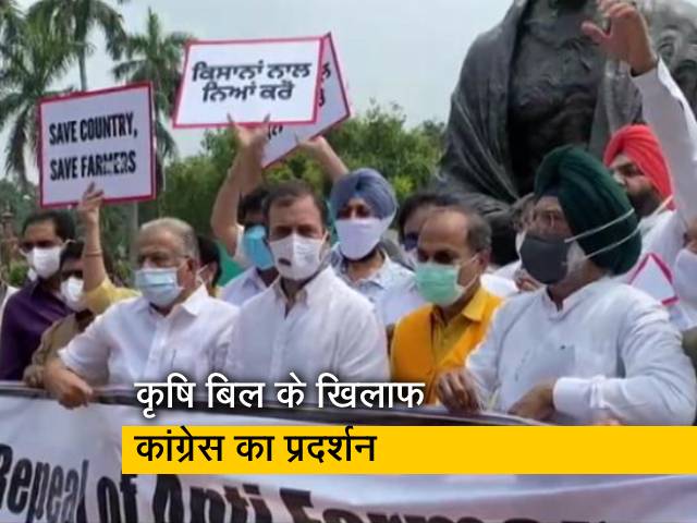 कृषि बिल के खिलाफ कांग्रेस सांसदों का संसद परिसर में प्रदर्शन