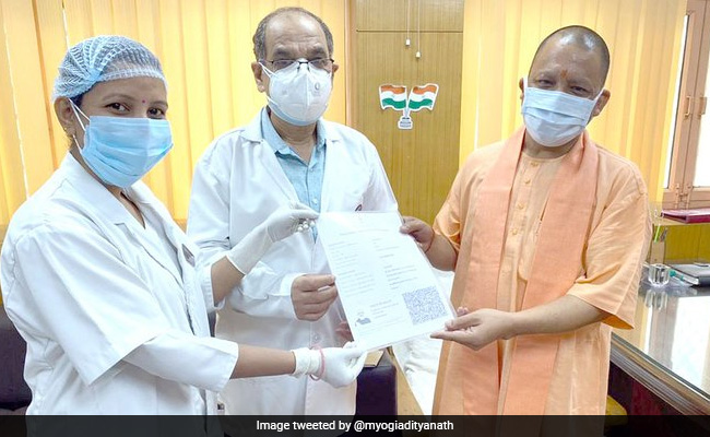 <i>"Teeka Jeet Ka''</i>: Yogi Adityanath Receives Second Dose Of COVID-19 Vaccine