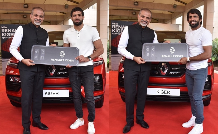 Renault Presents Made-In-India Kiger SUV To Tokyo Olympic Medalists Ravi Kumar Dahiya And Bajrang Punia