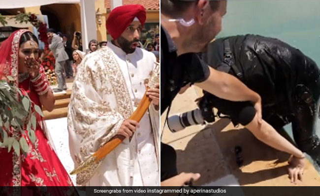 दूल्हा-दुल्हन की फोटो ले रहा था फोटोग्राफर, पैर फिसला तो कैमरा लेकर गिरा स्विमिंग पूल में, लोग बोले- ये था बिल्कुल सही पोज़ - देखें Video