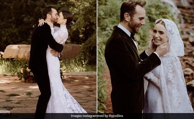 To Marry Charlie McDowell, Lily Collins Is A Beautiful Bride In A Ralph Lauren Lace Wedding Gown