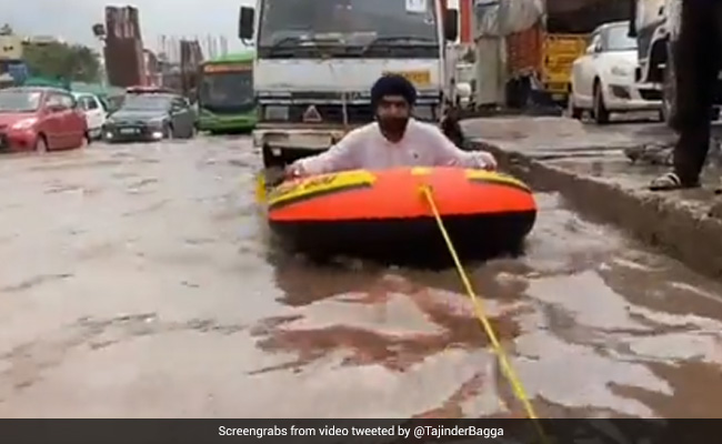 BJP Leader Rows Raft On Waterlogged Road In Delhi, Shares Video